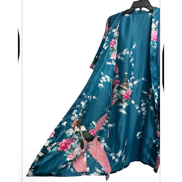 Dark Teal Green Exotic Peacock Floral Print Silk Blend Kimono Tie Robe OSFM - Picture 2 of 8